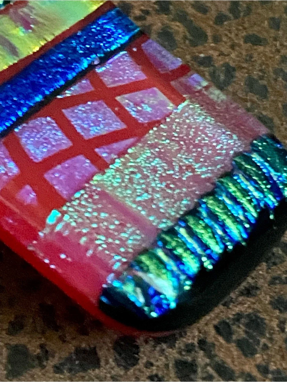 Handmade Dichroic Fused Patchwork Glass Pendant signed by artist L. Barnes